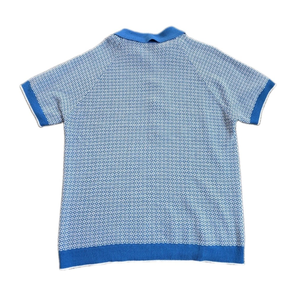 VTG 60 70s Men Mod Knitted Polo Shirt Blue Geometric Pique Fine Gauge Rockabilly - Picture 6 of 6